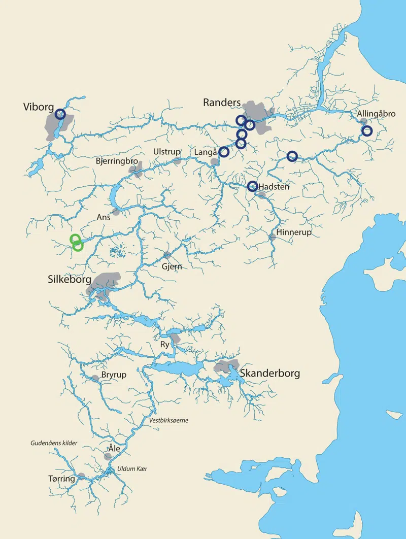 Kort, der viser placering af vådområder i Gudenåens opland
